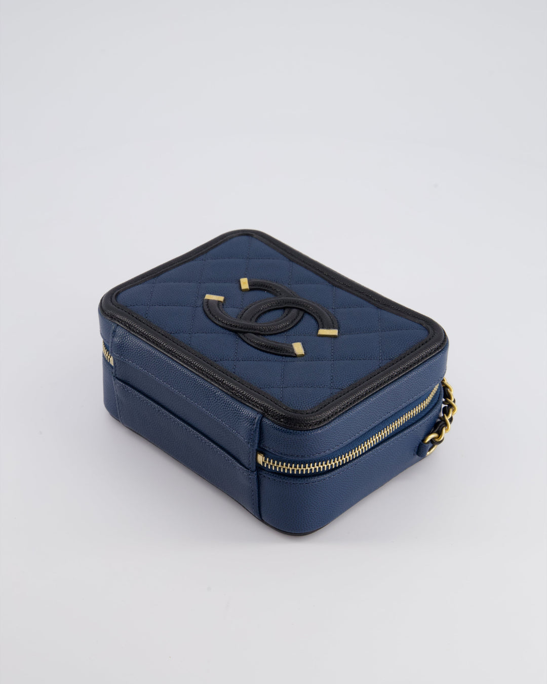 Top Quality Chanel Navy and Black Small CC Vanity Case Bag in Caviar Leather with Brushed Gold Hardware
