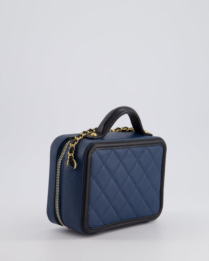 Top Quality Chanel Navy and Black Small CC Vanity Case Bag in Caviar Leather with Brushed Gold Hardware