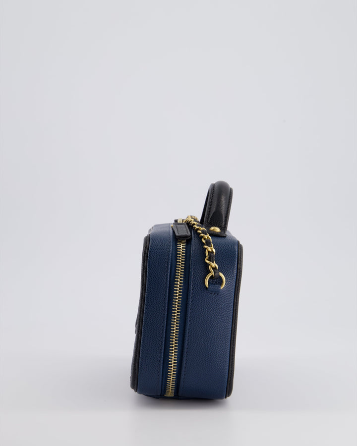 Top Quality Chanel Navy and Black Small CC Vanity Case Bag in Caviar Leather with Brushed Gold Hardware