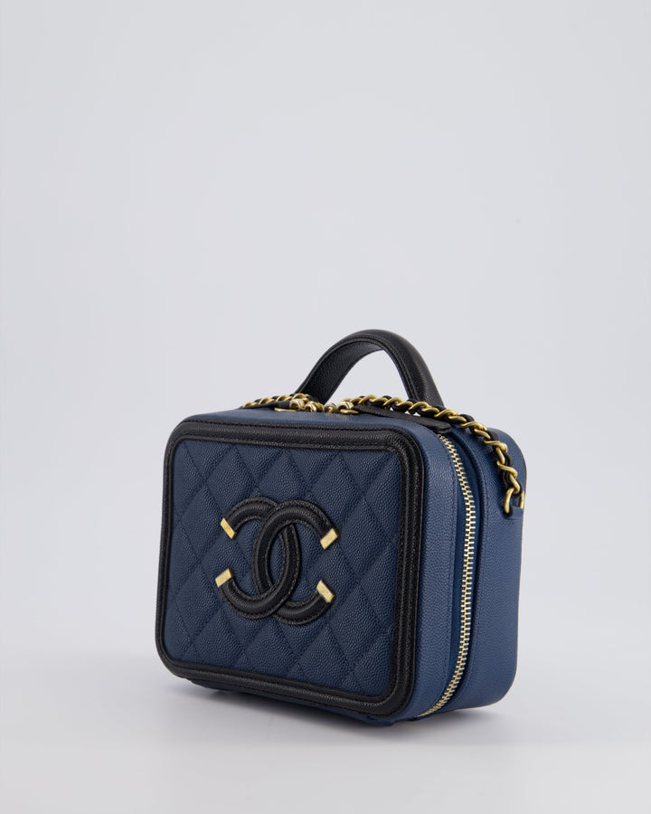 Top Quality Chanel Navy and Black Small CC Vanity Case Bag in Caviar Leather with Brushed Gold Hardware
