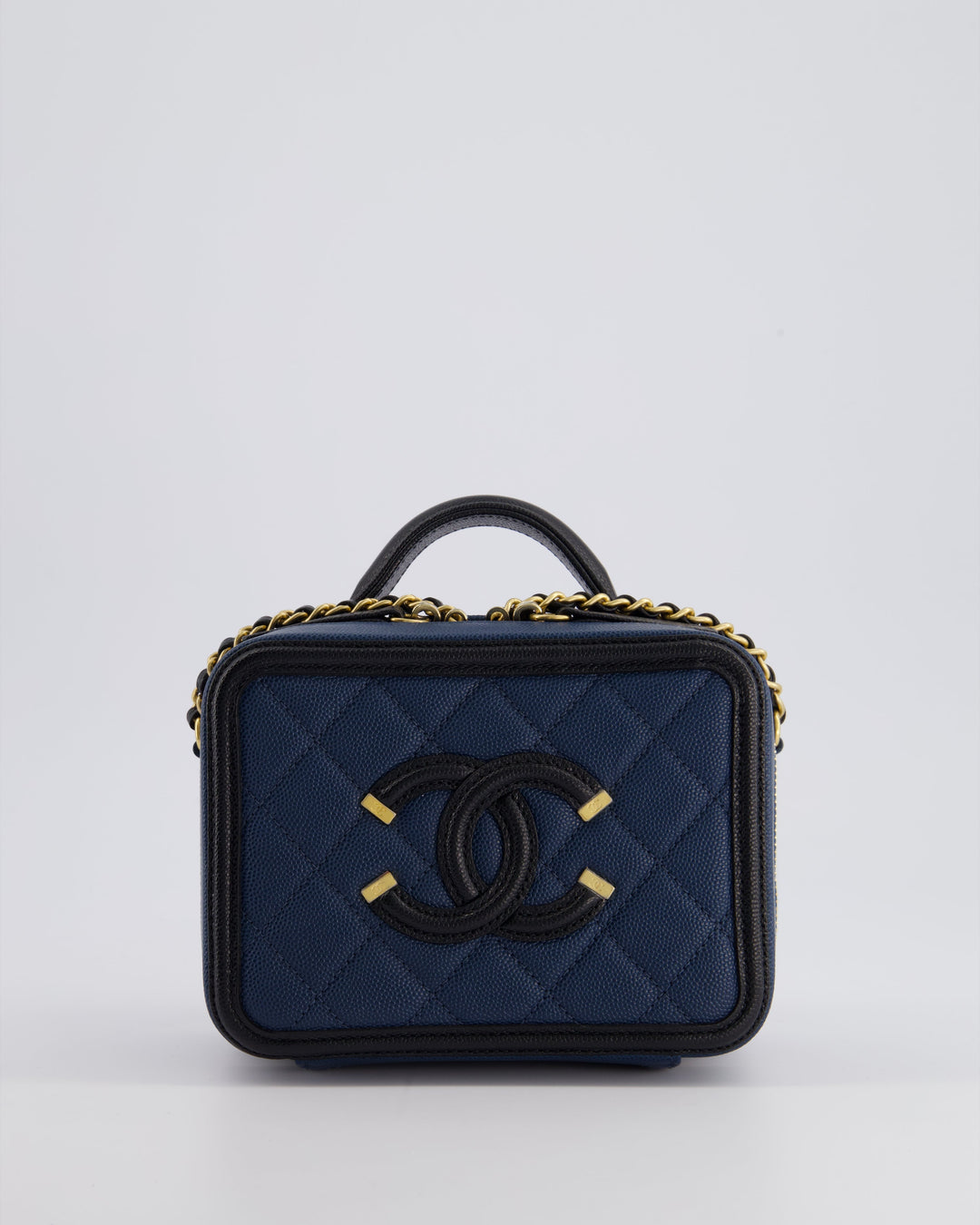 Top Quality Chanel Navy and Black Small CC Vanity Case Bag in Caviar Leather with Brushed Gold Hardware