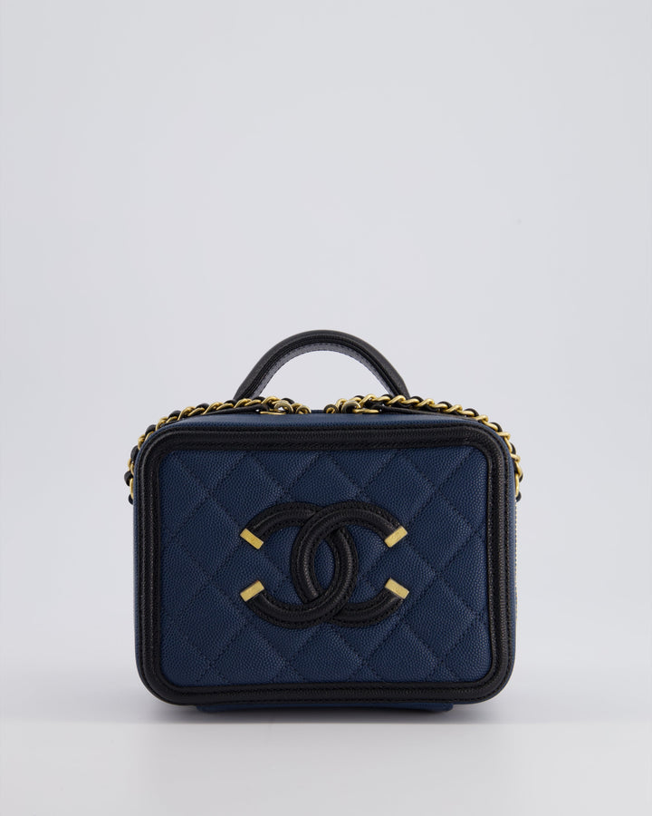 Top Quality Chanel Navy and Black Small CC Vanity Case Bag in Caviar Leather with Brushed Gold Hardware