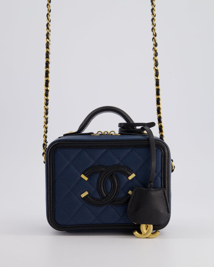 Top Quality Chanel Navy and Black Small CC Vanity Case Bag in Caviar Leather with Brushed Gold Hardware