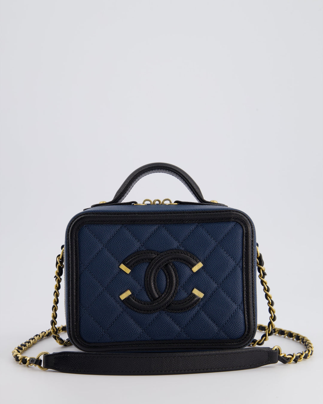 Top Quality Chanel Navy and Black Small CC Vanity Case Bag in Caviar Leather with Brushed Gold Hardware
