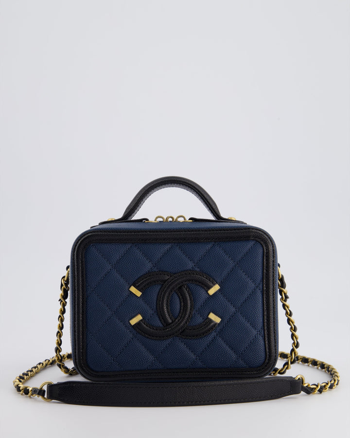 Top Quality Chanel Navy and Black Small CC Vanity Case Bag in Caviar Leather with Brushed Gold Hardware