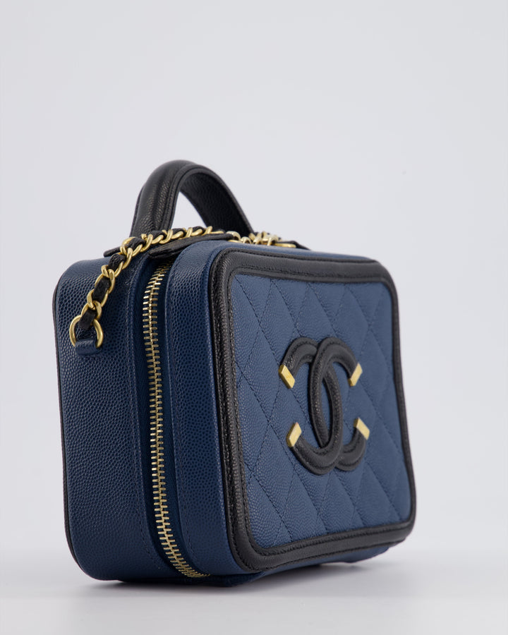 Top Quality Chanel Navy and Black Small CC Vanity Case Bag in Caviar Leather with Brushed Gold Hardware