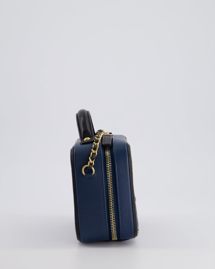 Top Quality Chanel Navy and Black Small CC Vanity Case Bag in Caviar Leather with Brushed Gold Hardware