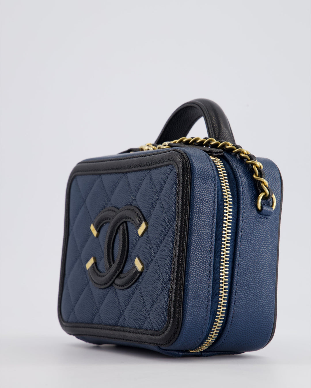 Top Quality Chanel Navy and Black Small CC Vanity Case Bag in Caviar Leather with Brushed Gold Hardware