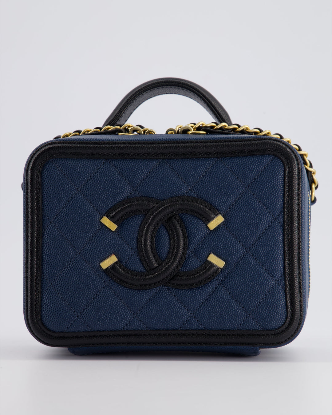 Top Quality Chanel Navy and Black Small CC Vanity Case Bag in Caviar Leather with Brushed Gold Hardware