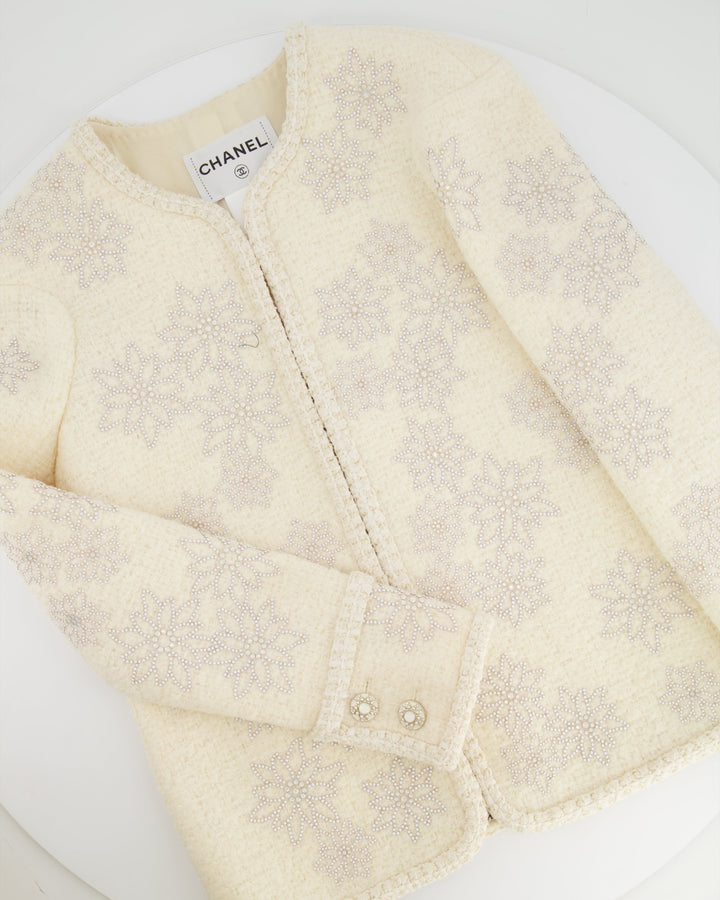 Top Quality Chanel 15A Paris-Salzburg Cream Tweed Jacket with Sequin Embellished Edelweiss and Pearl Buttons Size FR 36 (UK 8)
