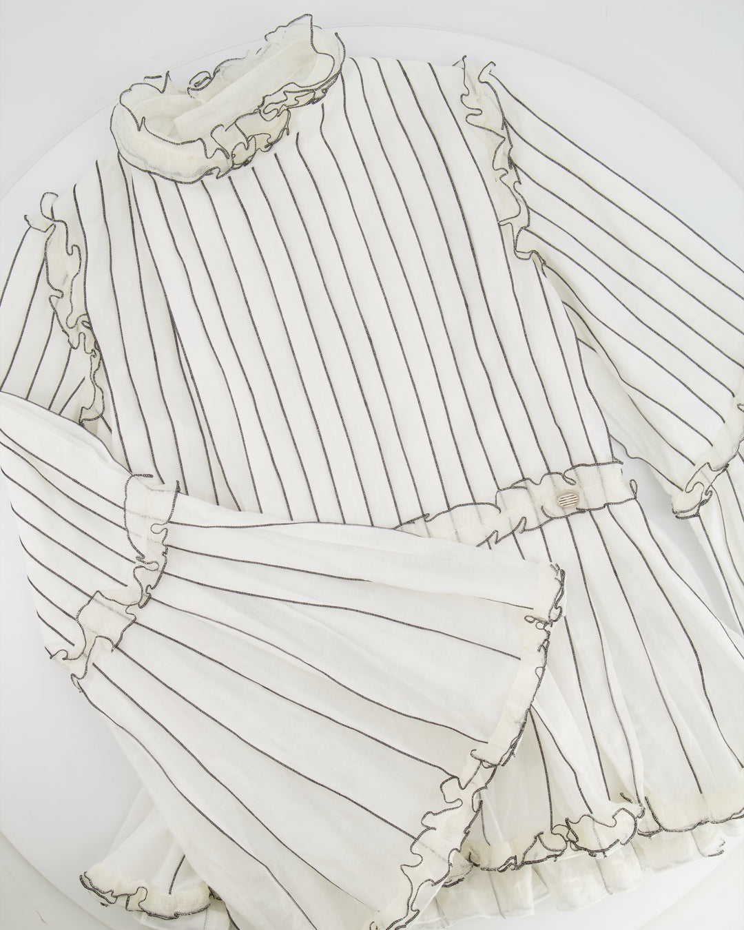 Top Quality Chanel Spring 2017 White Silk Striped Ruffle Long-Sleeve Top  Velcro Back Detail Size FR 36 (UK 8)