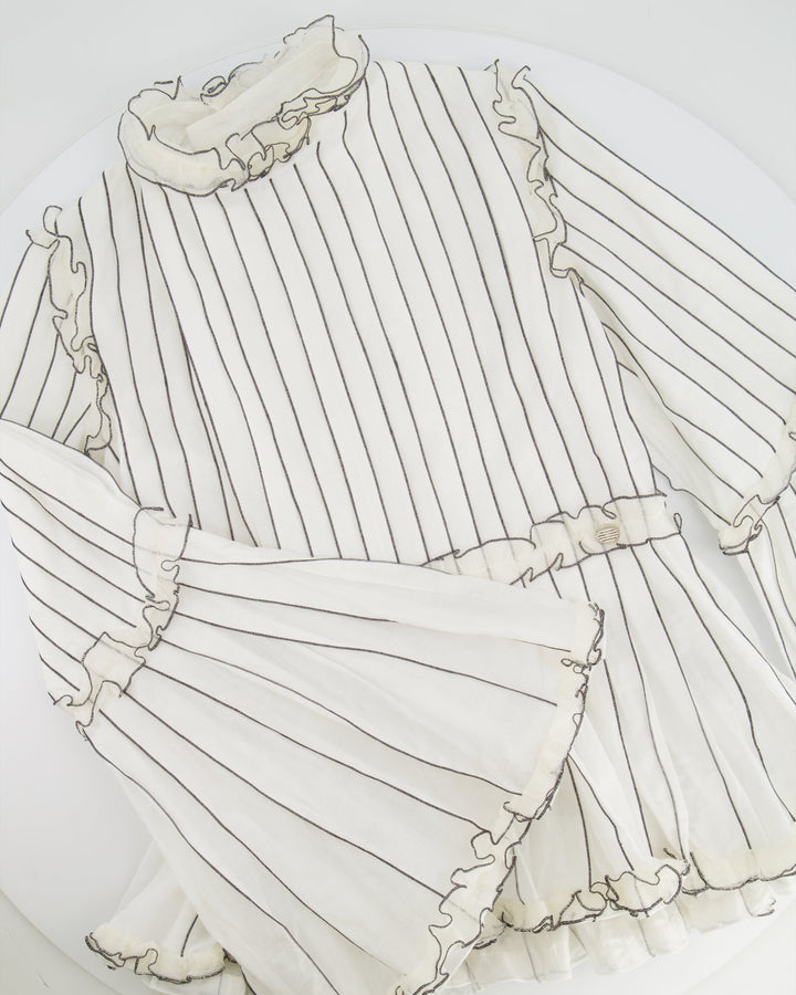 Top Quality Chanel Spring 2017 White Silk Striped Ruffle Long-Sleeve Top  Velcro Back Detail Size FR 36 (UK 8)
