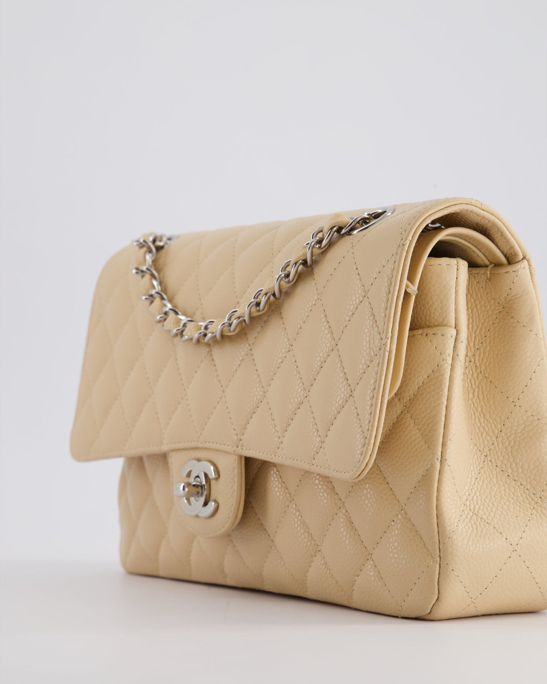Top Quality Chanel Beige Medium Classic Double Flap in Caviar Leather with Silver Hardware