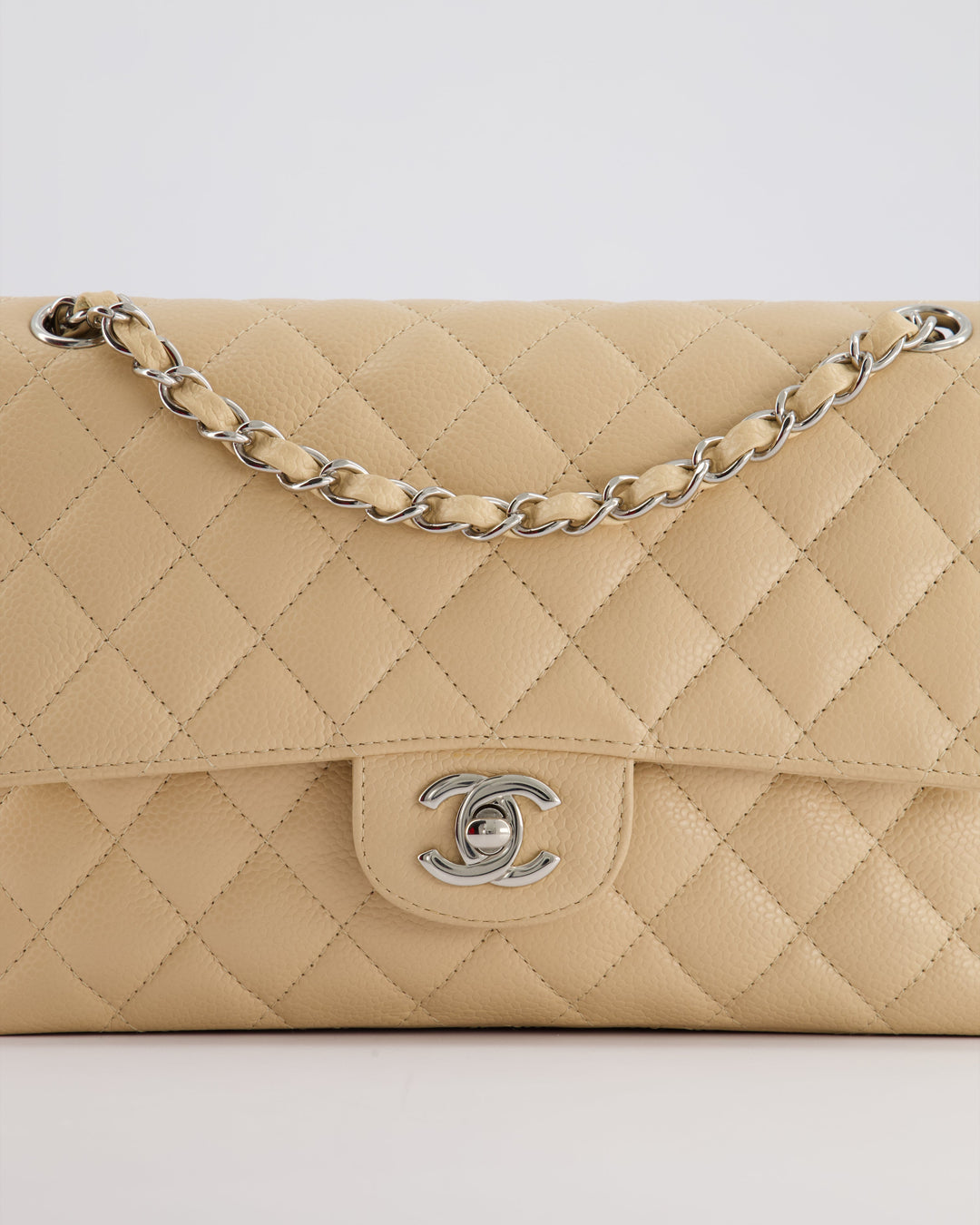Top Quality Chanel Beige Medium Classic Double Flap in Caviar Leather with Silver Hardware
