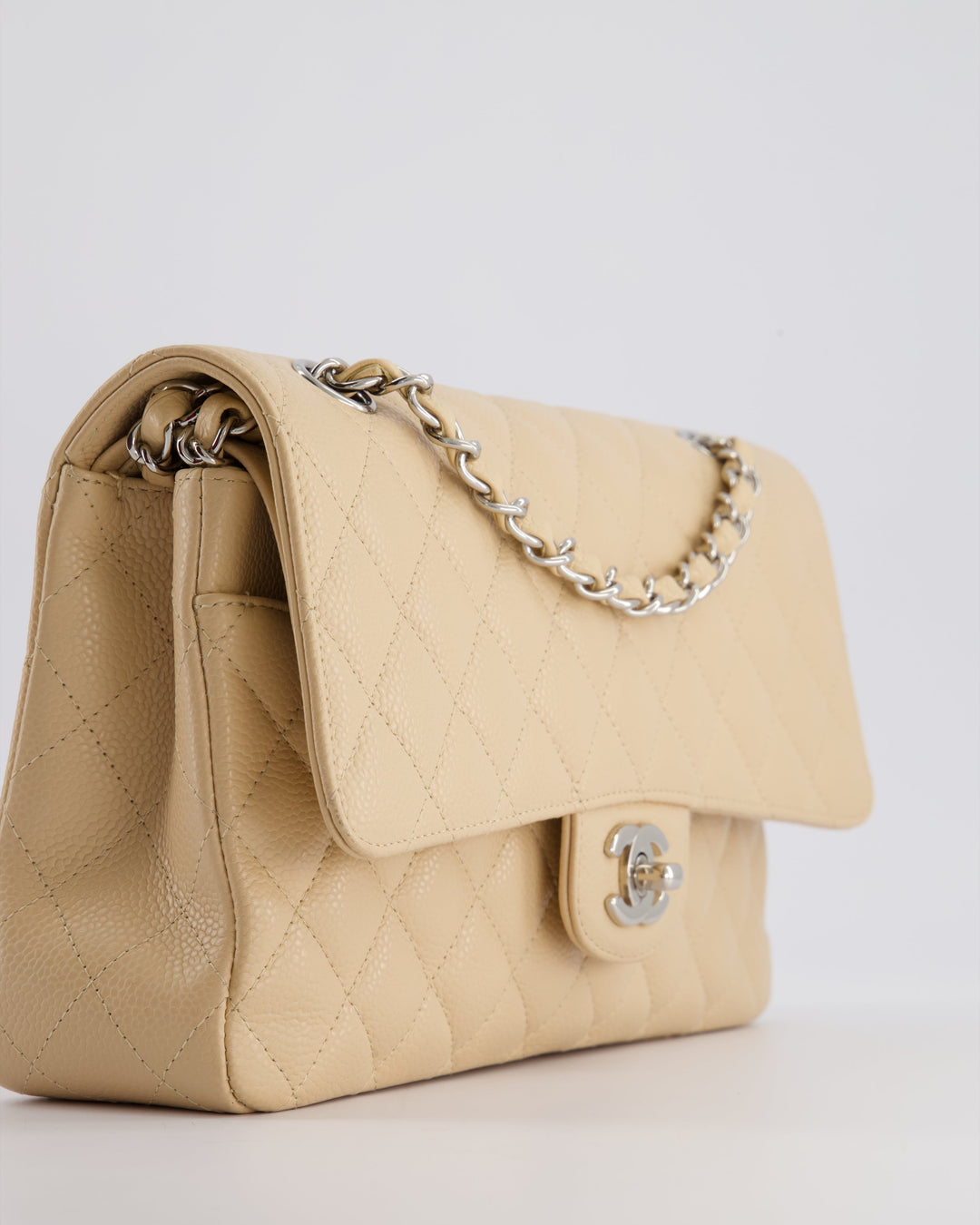 Top Quality Chanel Beige Medium Classic Double Flap in Caviar Leather with Silver Hardware