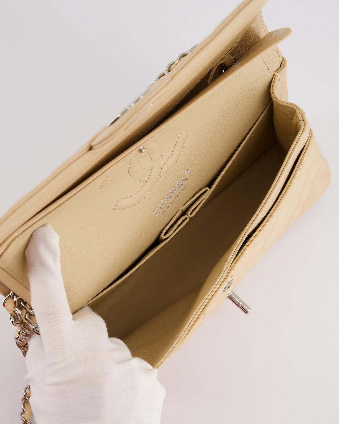 Top Quality Chanel Beige Medium Classic Double Flap in Caviar Leather with Silver Hardware