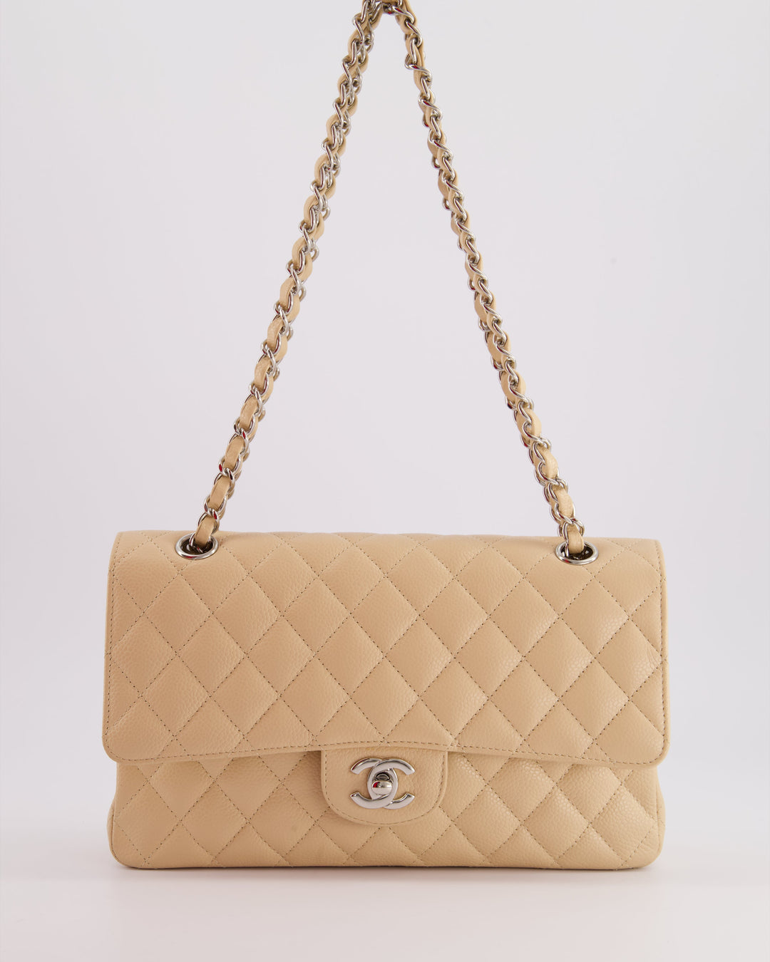 Top Quality Chanel Beige Medium Classic Double Flap in Caviar Leather with Silver Hardware