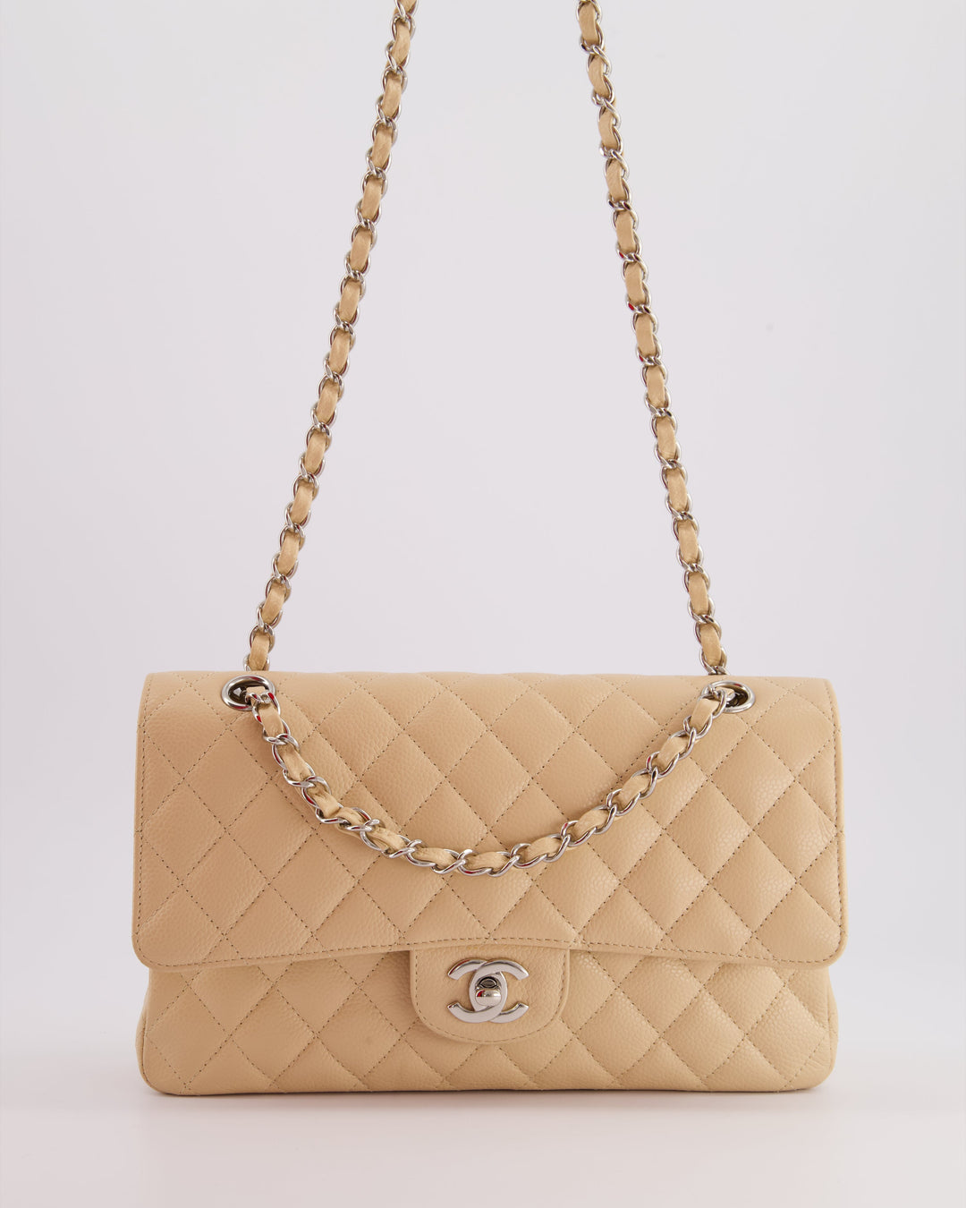 Top Quality Chanel Beige Medium Classic Double Flap in Caviar Leather with Silver Hardware