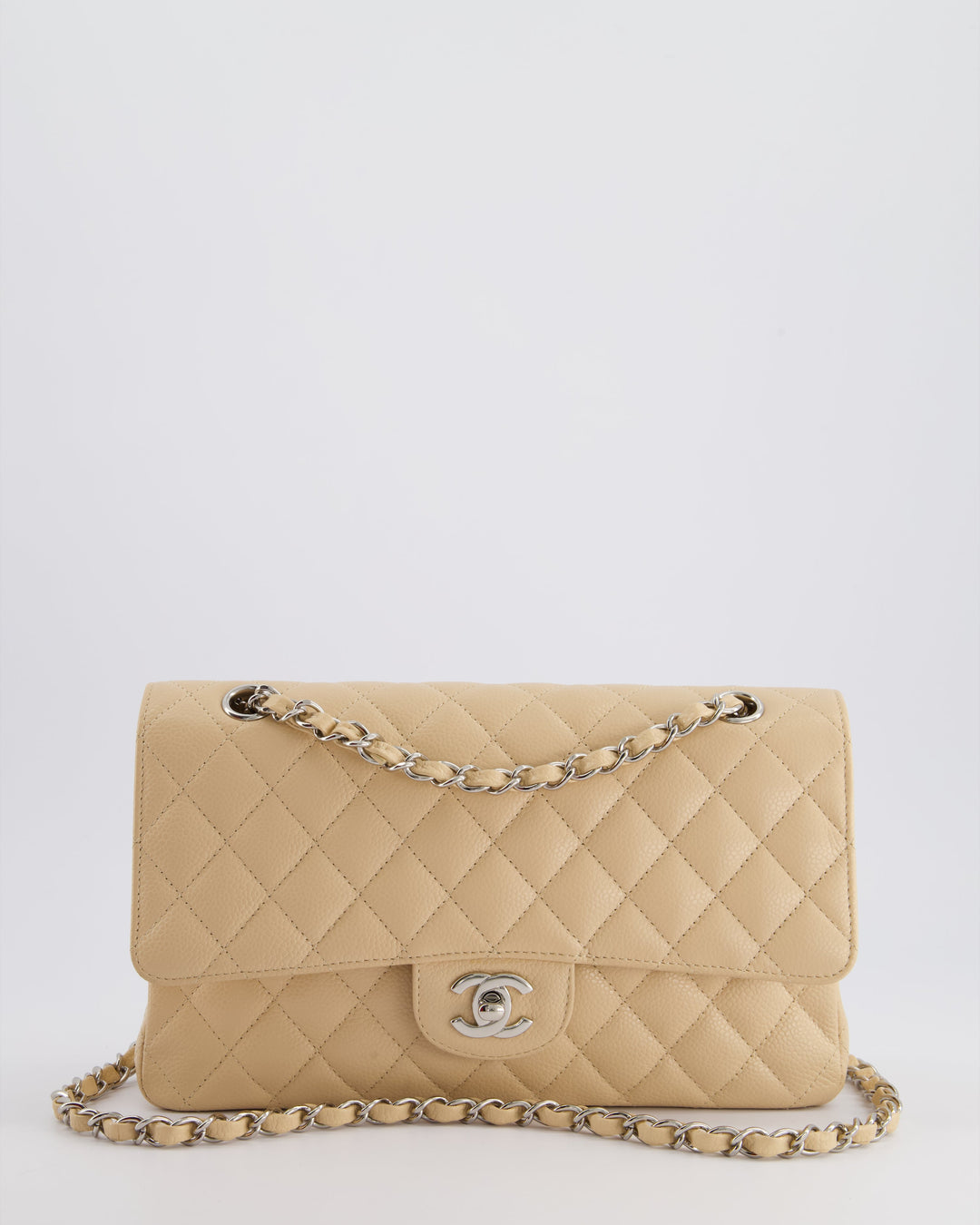 Top Quality Chanel Beige Medium Classic Double Flap in Caviar Leather with Silver Hardware