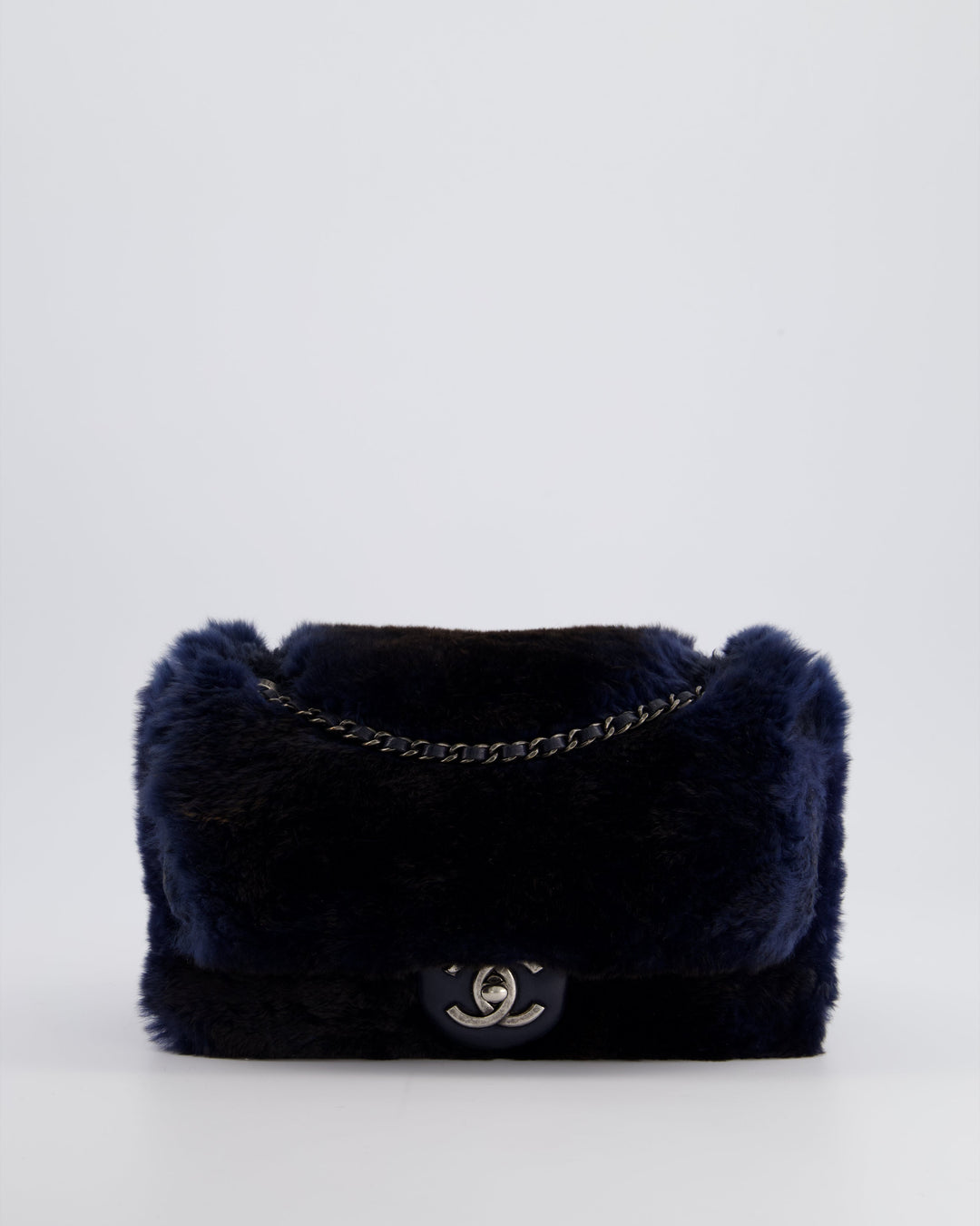 *HOT* Top Quality Chanel Navy Rabbit Fur Single Flap Bag with Silver Hardware