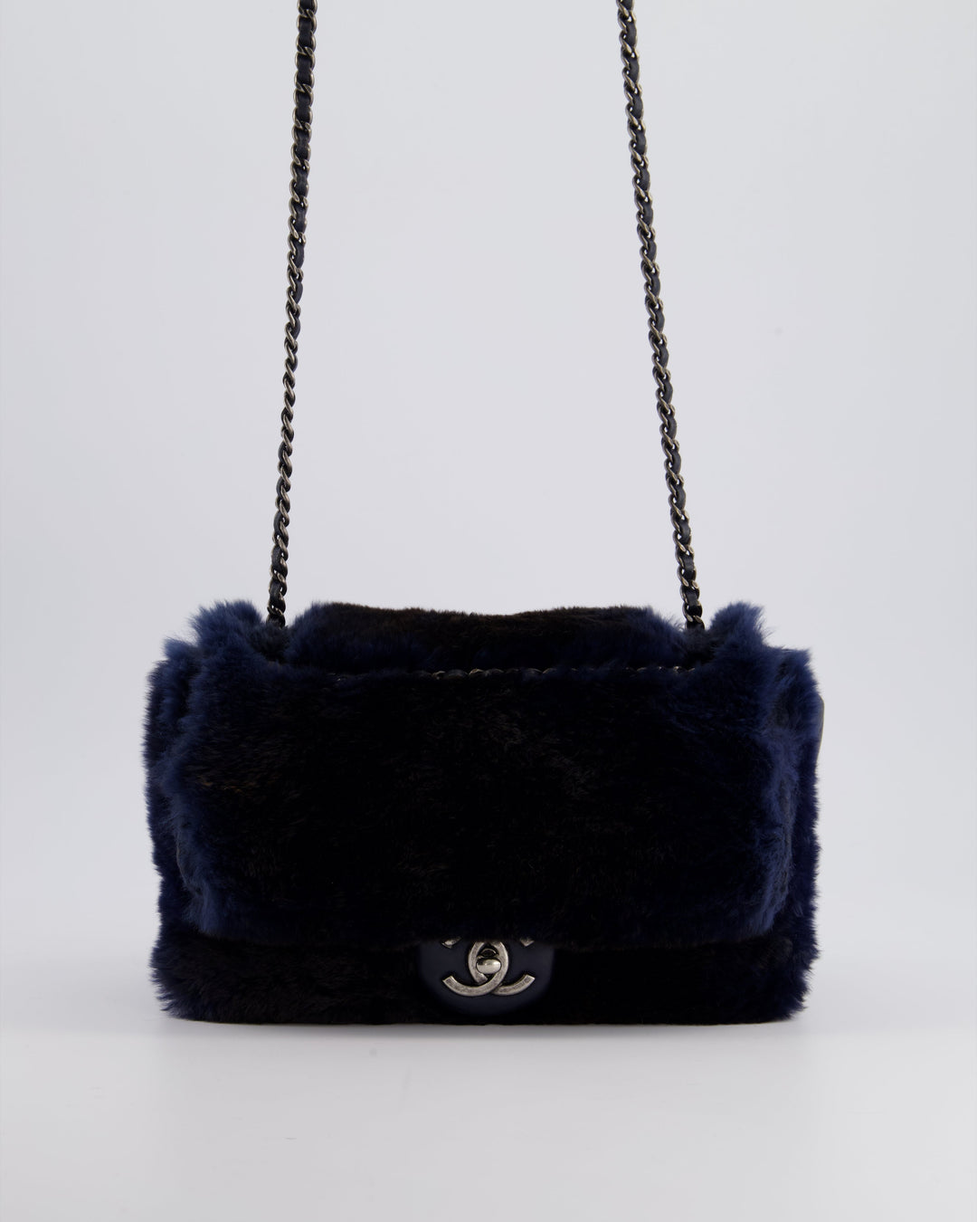 *HOT* Top Quality Chanel Navy Rabbit Fur Single Flap Bag with Silver Hardware