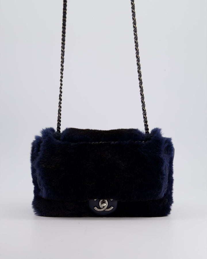 *HOT* Top Quality Chanel Navy Rabbit Fur Single Flap Bag with Silver Hardware