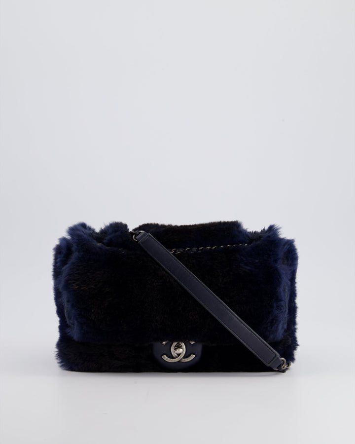 *HOT* Top Quality Chanel Navy Rabbit Fur Single Flap Bag with Silver Hardware