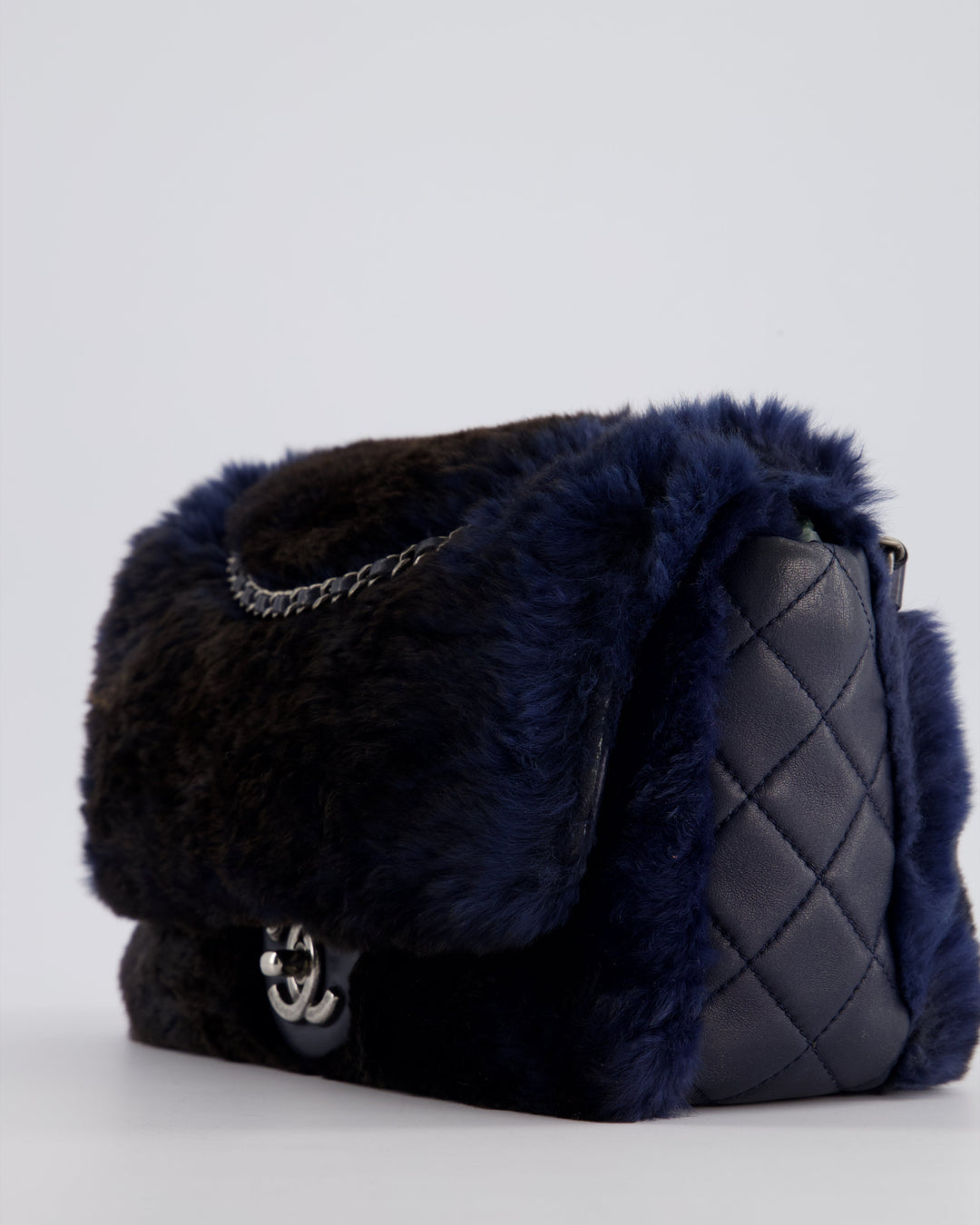 *HOT* Top Quality Chanel Navy Rabbit Fur Single Flap Bag with Silver Hardware