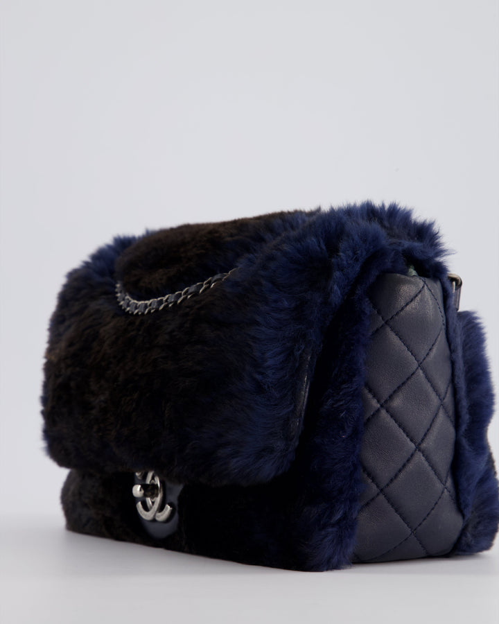 *HOT* Top Quality Chanel Navy Rabbit Fur Single Flap Bag with Silver Hardware