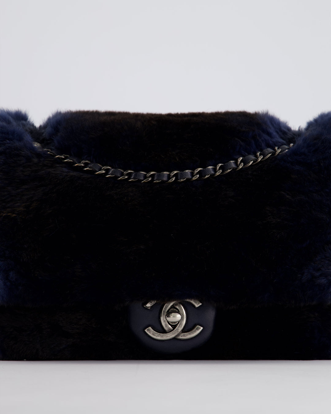*HOT* Top Quality Chanel Navy Rabbit Fur Single Flap Bag with Silver Hardware