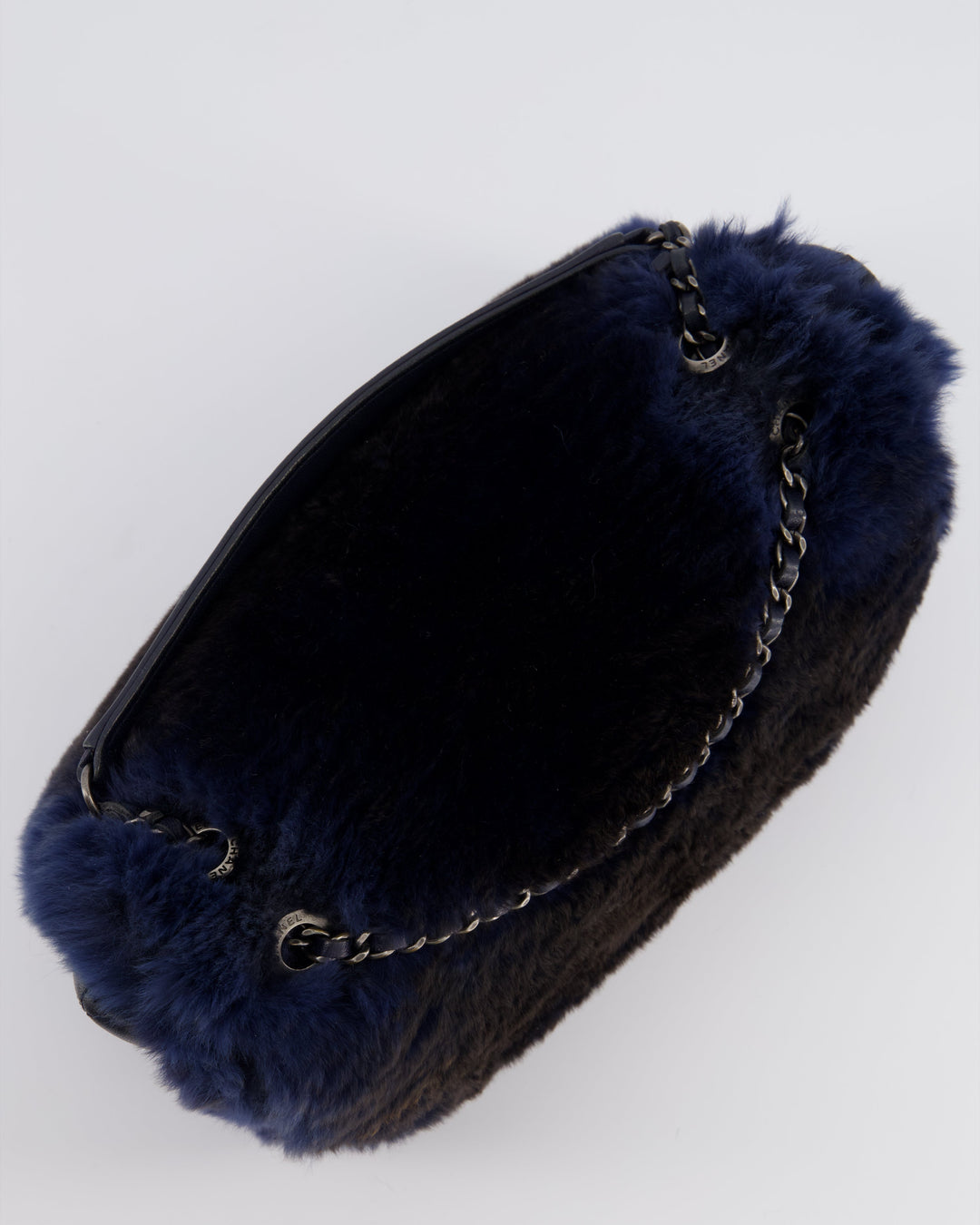 *HOT* Top Quality Chanel Navy Rabbit Fur Single Flap Bag with Silver Hardware