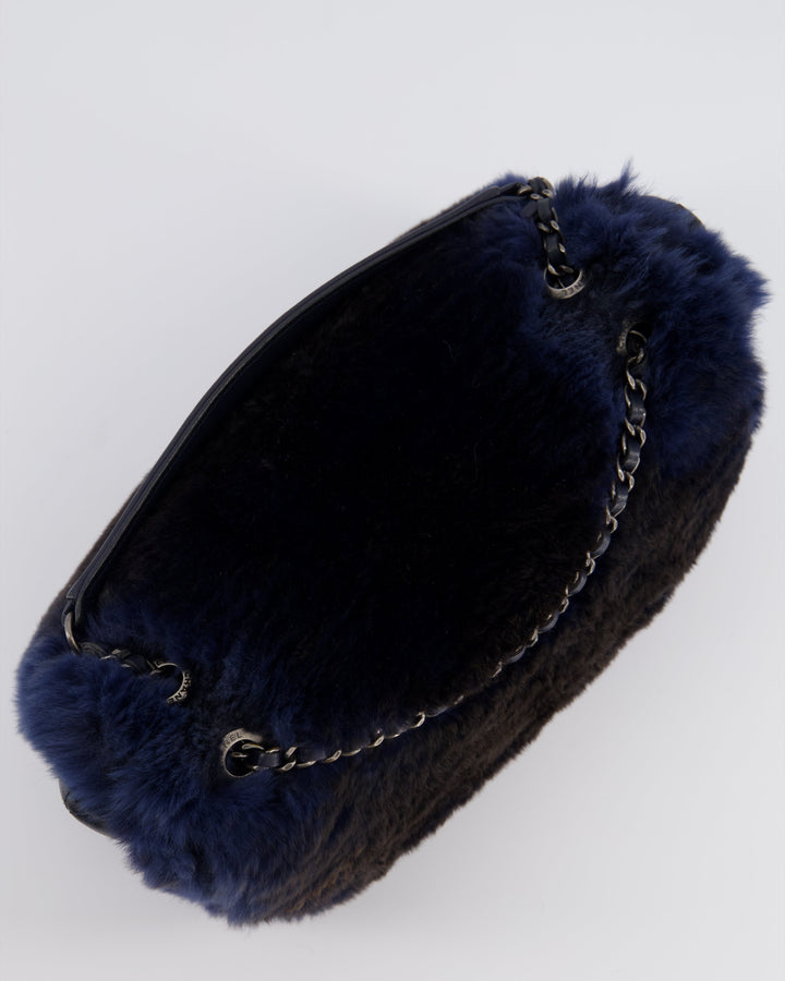 *HOT* Top Quality Chanel Navy Rabbit Fur Single Flap Bag with Silver Hardware
