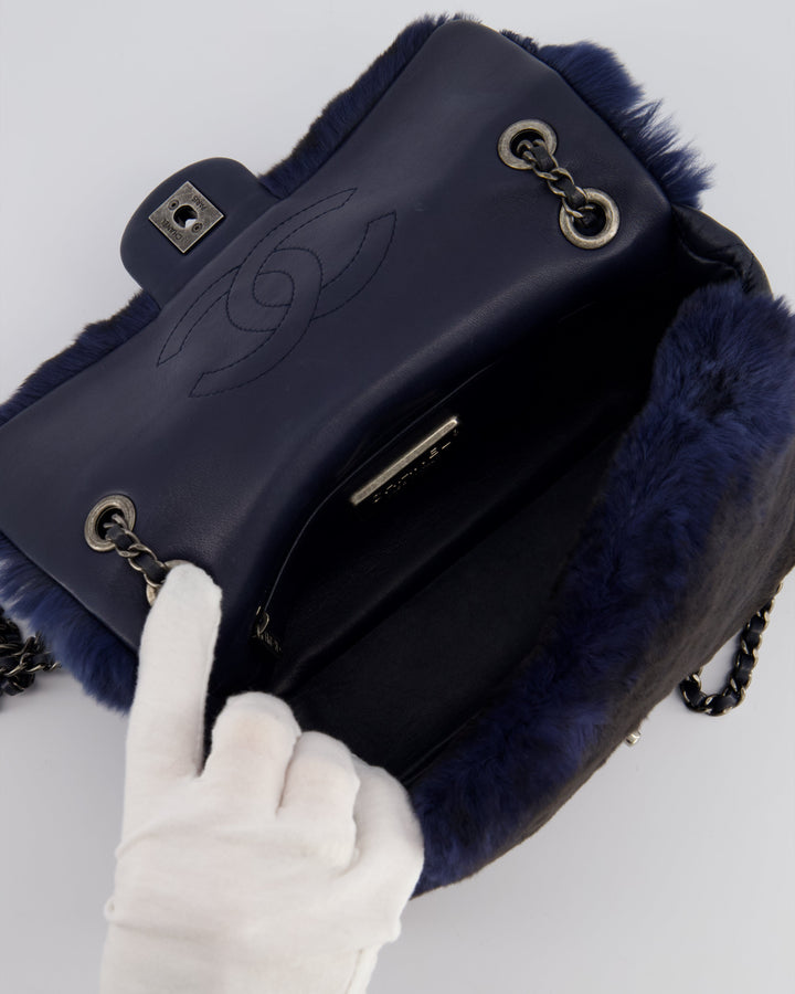 *HOT* Top Quality Chanel Navy Rabbit Fur Single Flap Bag with Silver Hardware
