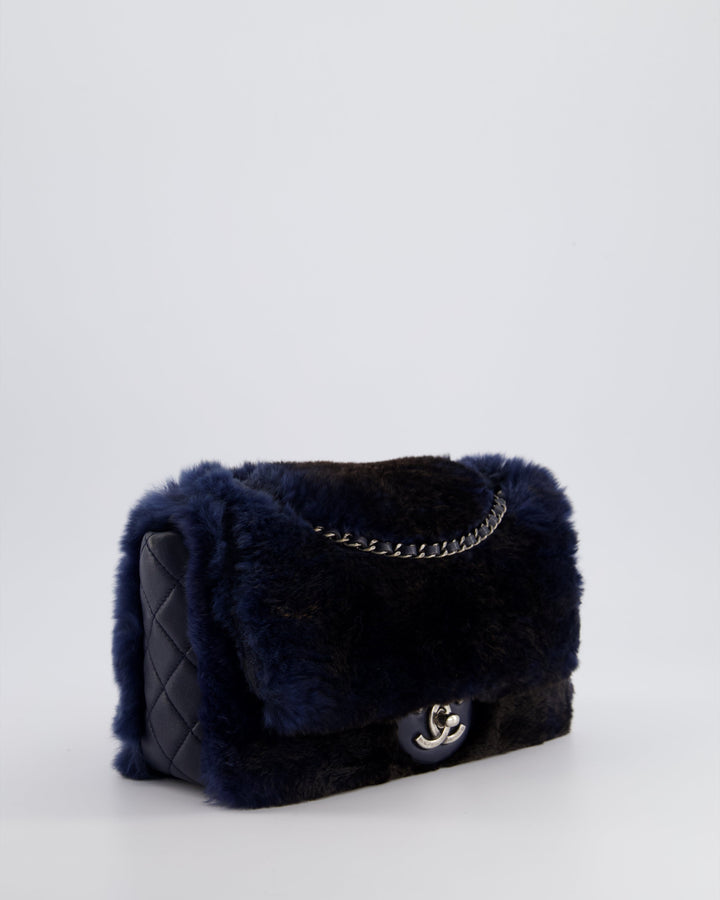 *HOT* Top Quality Chanel Navy Rabbit Fur Single Flap Bag with Silver Hardware