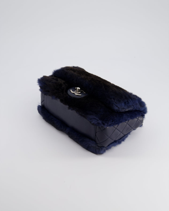 *HOT* Top Quality Chanel Navy Rabbit Fur Single Flap Bag with Silver Hardware