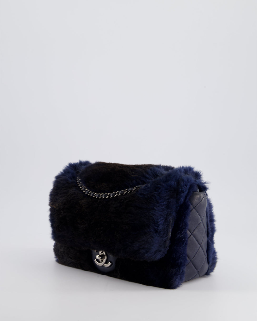 *HOT* Top Quality Chanel Navy Rabbit Fur Single Flap Bag with Silver Hardware