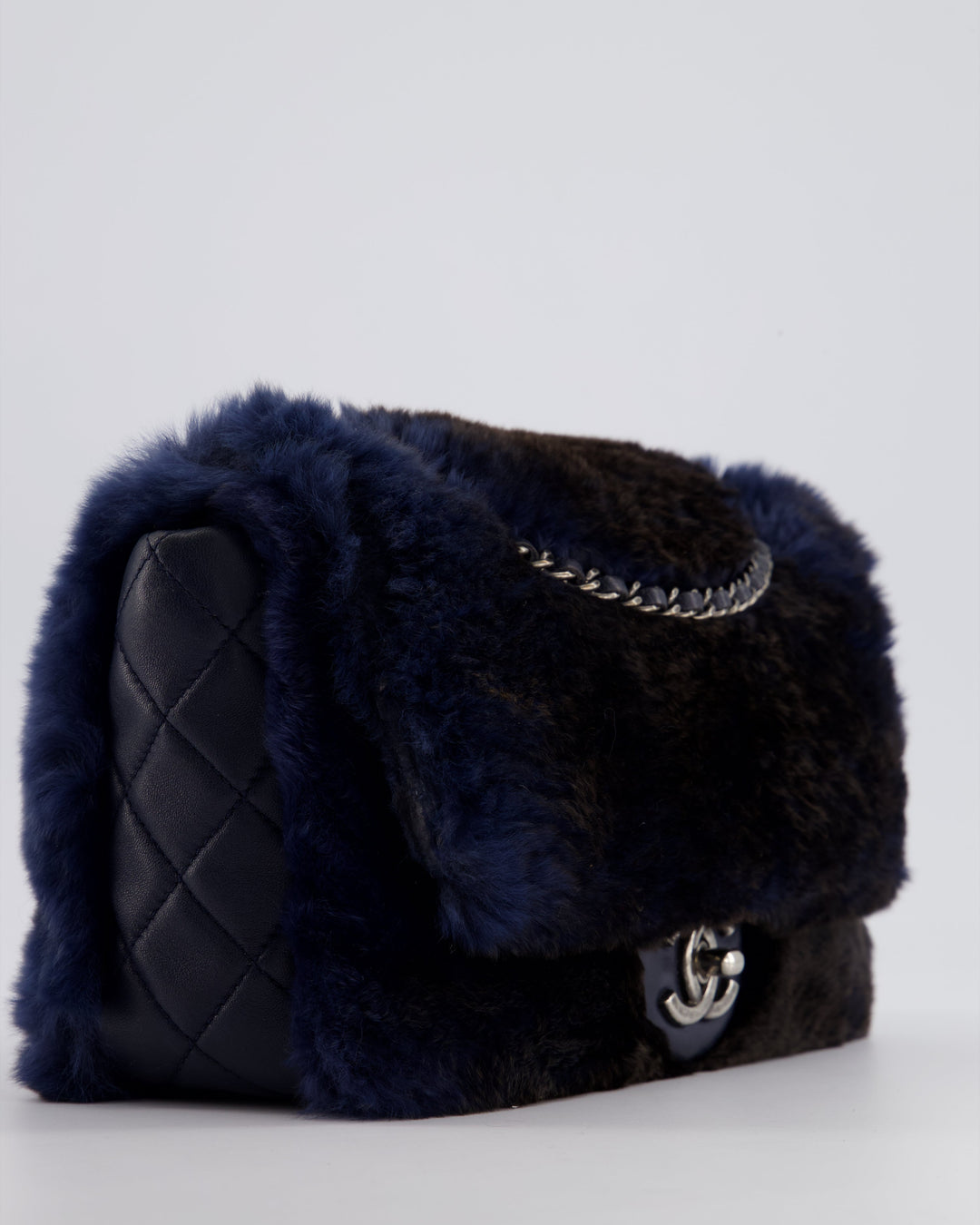 *HOT* Top Quality Chanel Navy Rabbit Fur Single Flap Bag with Silver Hardware