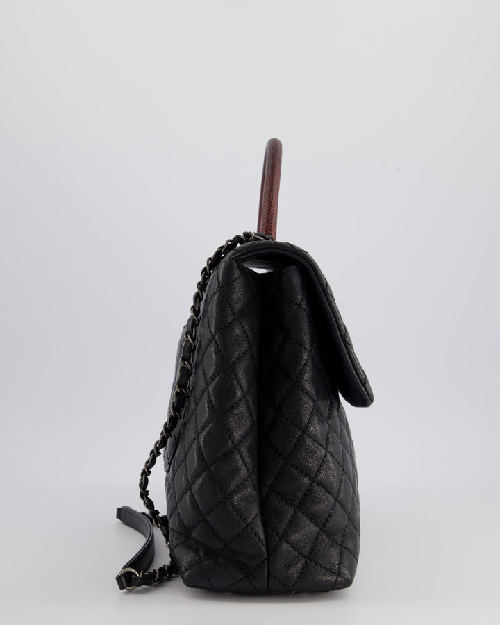 Top Quality Chanel Dark Grey Large Coco Top Handle Bag in Caviar Leather with Burgundy Python Handle and Ruthenium Hardware