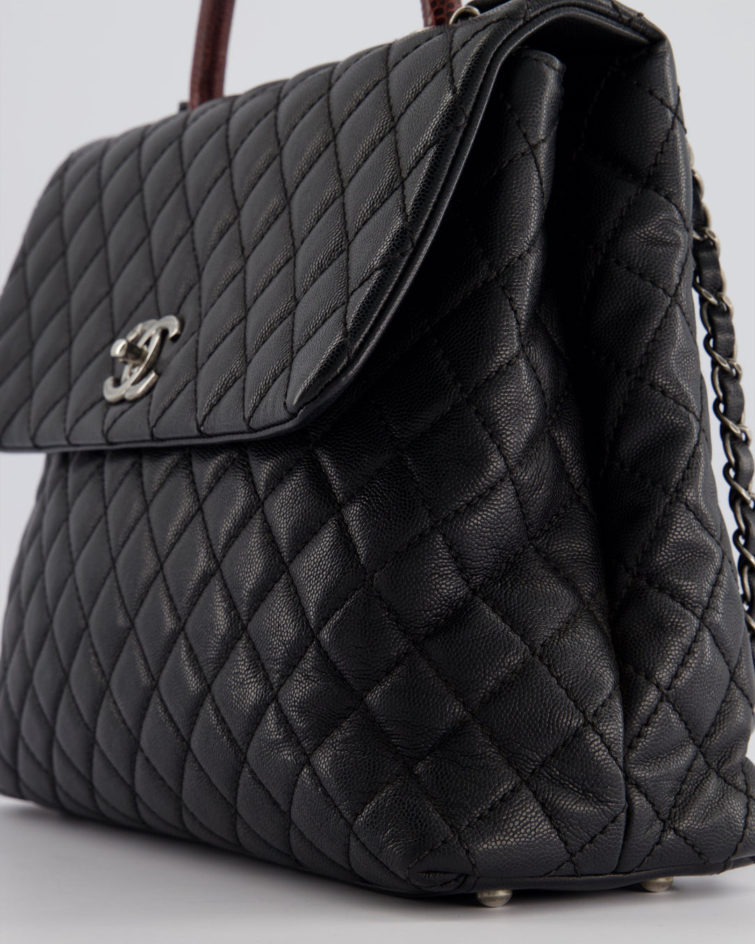 Top Quality Chanel Dark Grey Large Coco Top Handle Bag in Caviar Leather with Burgundy Python Handle and Ruthenium Hardware
