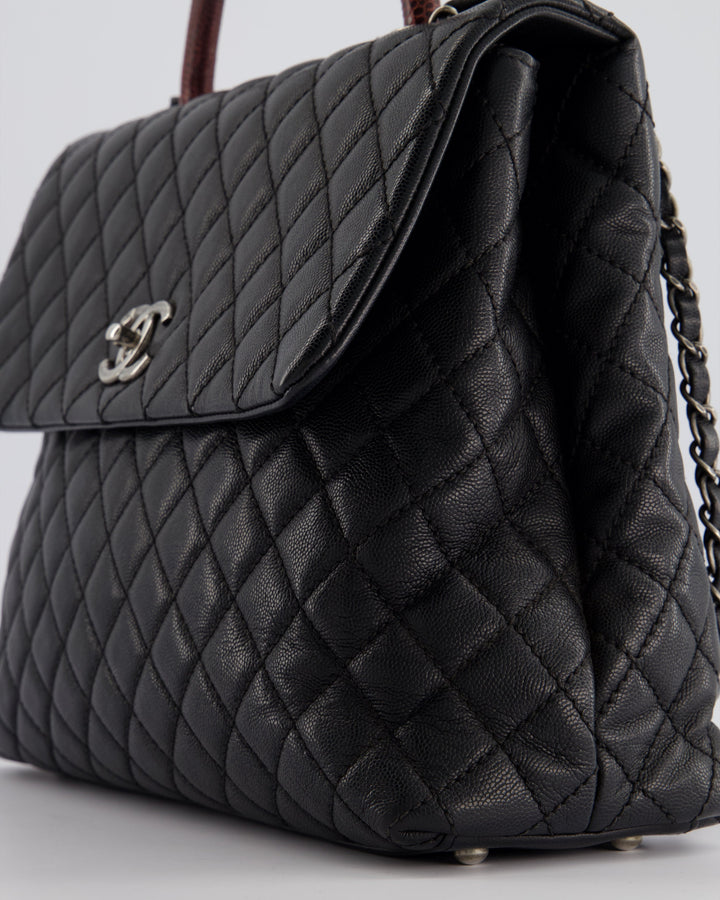Top Quality Chanel Dark Grey Large Coco Top Handle Bag in Caviar Leather with Burgundy Python Handle and Ruthenium Hardware