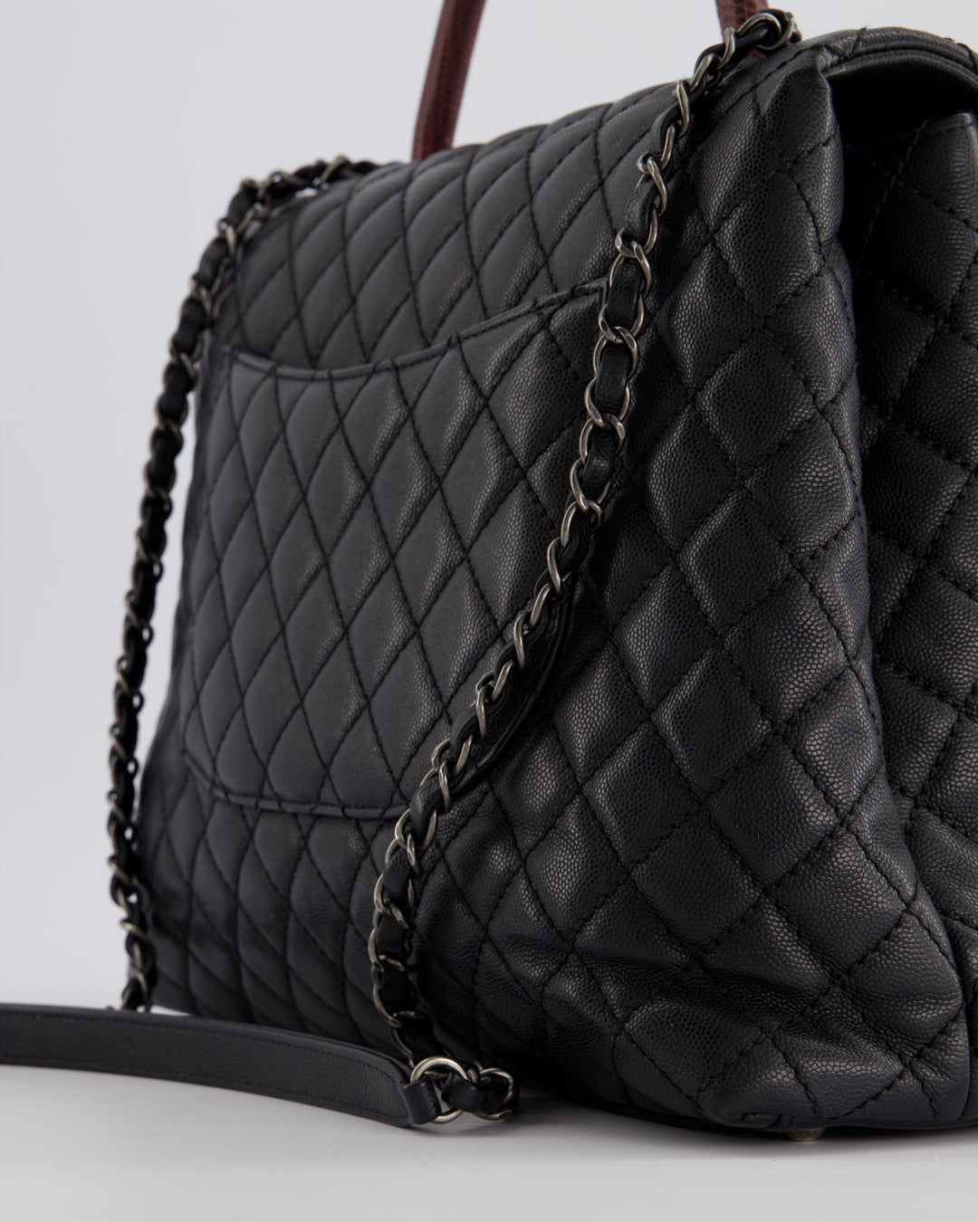 Top Quality Chanel Dark Grey Large Coco Top Handle Bag in Caviar Leather with Burgundy Python Handle and Ruthenium Hardware