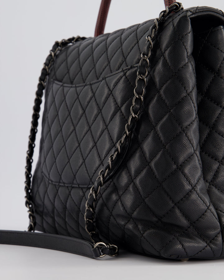 Top Quality Chanel Dark Grey Large Coco Top Handle Bag in Caviar Leather with Burgundy Python Handle and Ruthenium Hardware