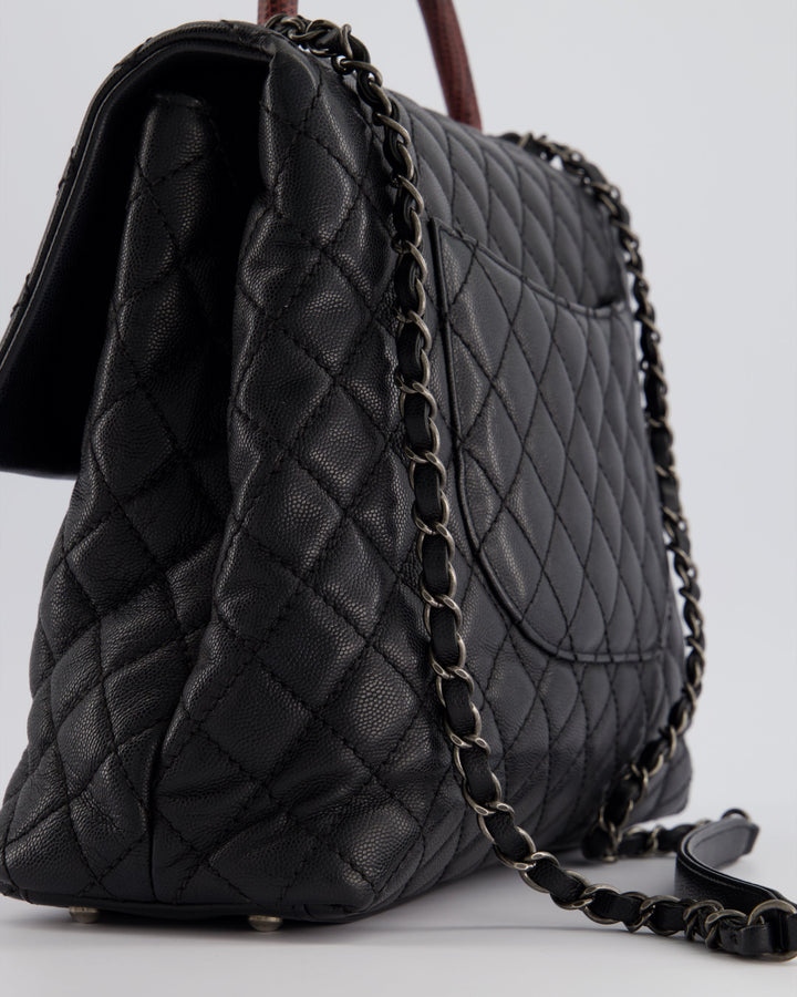 Top Quality Chanel Dark Grey Large Coco Top Handle Bag in Caviar Leather with Burgundy Python Handle and Ruthenium Hardware