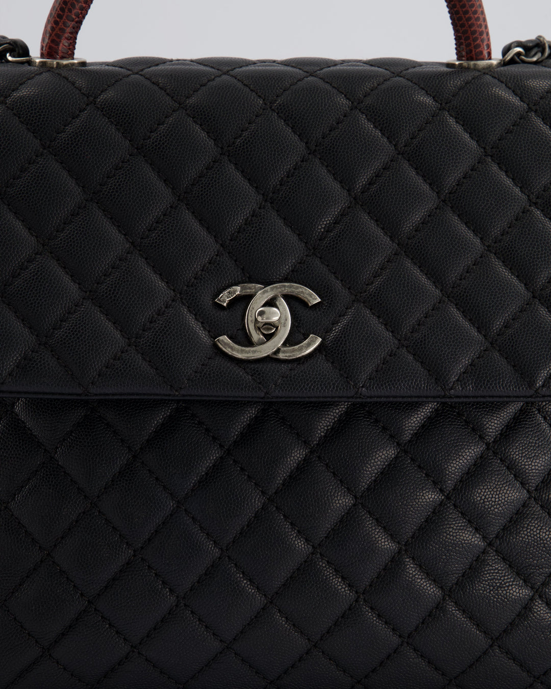 Top Quality Chanel Dark Grey Large Coco Top Handle Bag in Caviar Leather with Burgundy Python Handle and Ruthenium Hardware