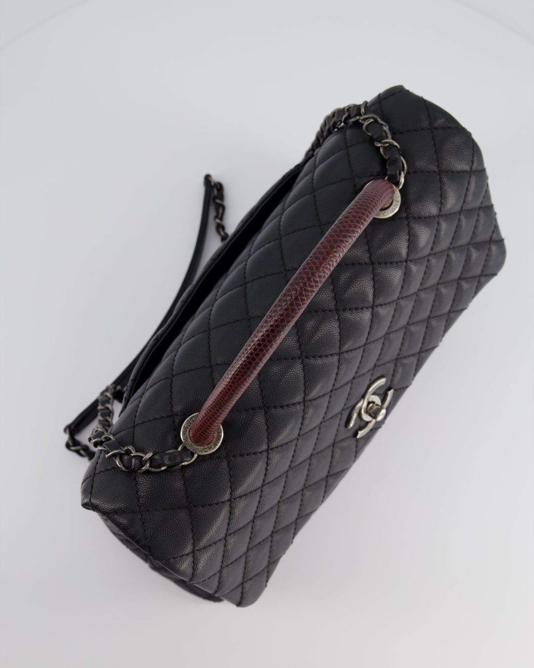 Top Quality Chanel Dark Grey Large Coco Top Handle Bag in Caviar Leather with Burgundy Python Handle and Ruthenium Hardware