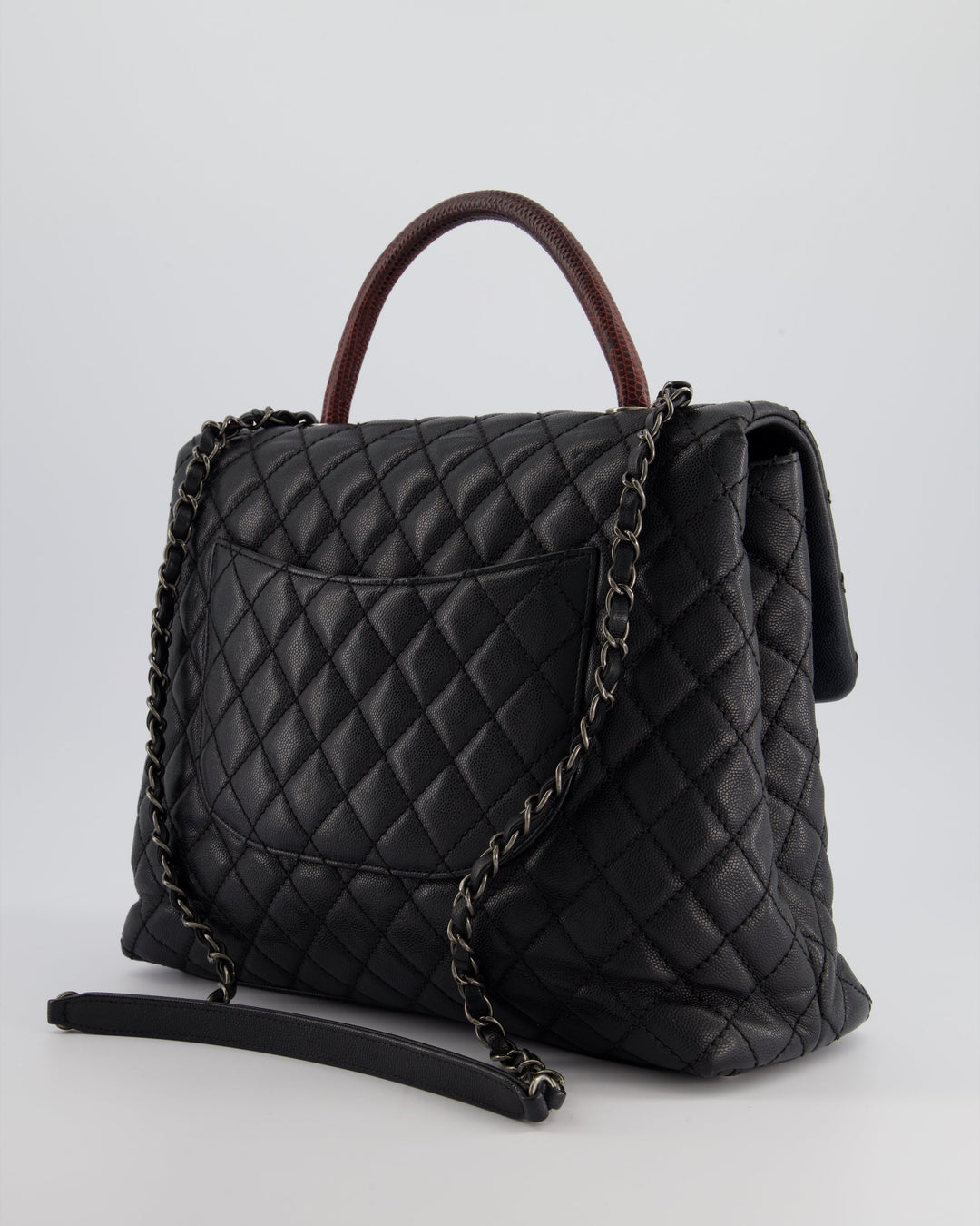 Top Quality Chanel Dark Grey Large Coco Top Handle Bag in Caviar Leather with Burgundy Python Handle and Ruthenium Hardware