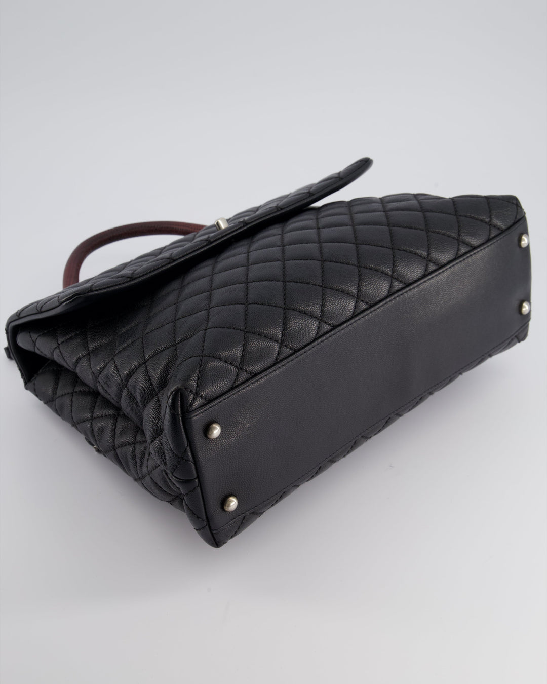 Top Quality Chanel Dark Grey Large Coco Top Handle Bag in Caviar Leather with Burgundy Python Handle and Ruthenium Hardware