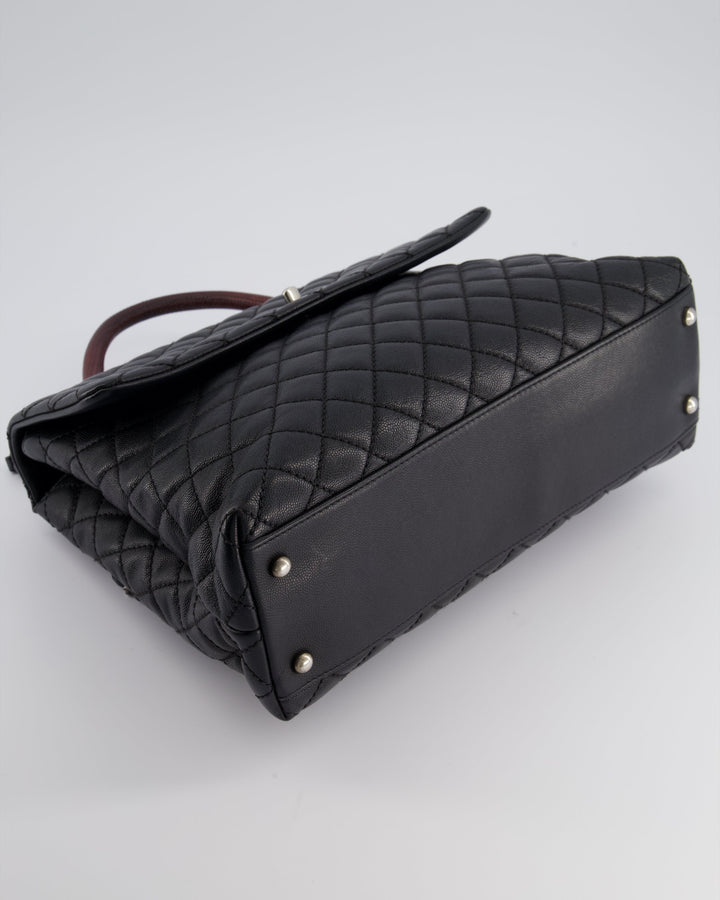 Top Quality Chanel Dark Grey Large Coco Top Handle Bag in Caviar Leather with Burgundy Python Handle and Ruthenium Hardware