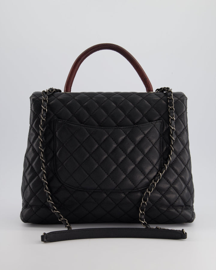 Top Quality Chanel Dark Grey Large Coco Top Handle Bag in Caviar Leather with Burgundy Python Handle and Ruthenium Hardware