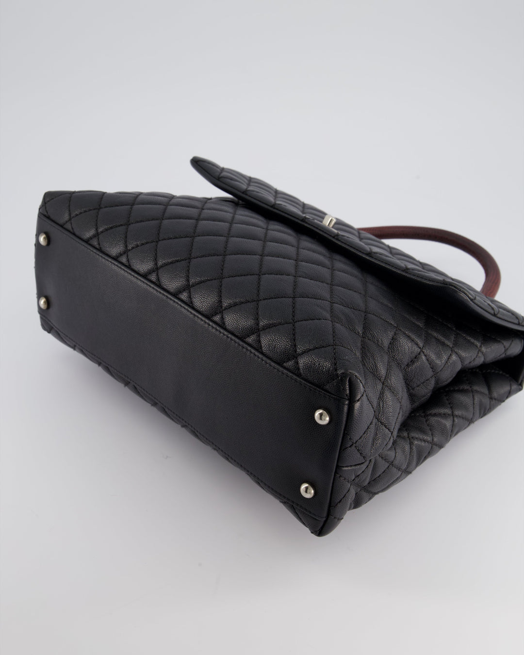 Top Quality Chanel Dark Grey Large Coco Top Handle Bag in Caviar Leather with Burgundy Python Handle and Ruthenium Hardware